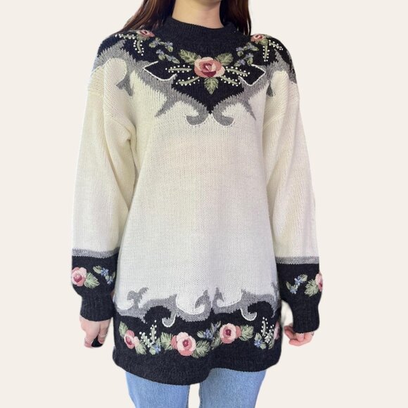 80s vintage Dana Scott long knit floral sweater - Picture 2 of 7